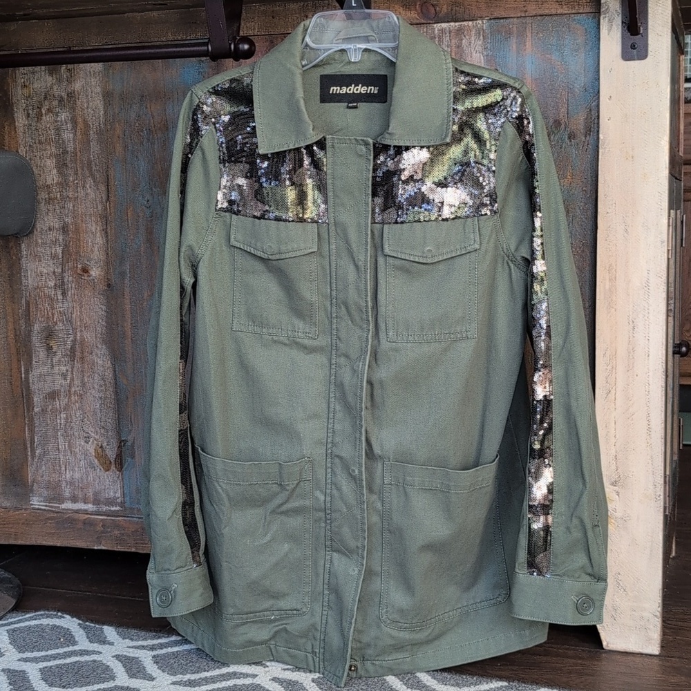 Madden NYC Twill Military Utility Jacket Olive Green Camo Sequins - Women's M - Picture 1 of 8
